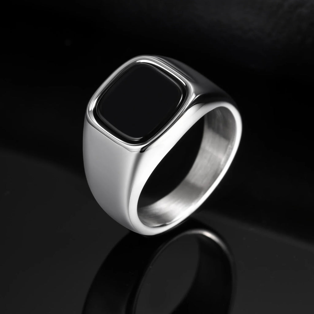 Stylish Black Stone Rings for Men Boys,Waterproof Stainless Steel Geometric Square Ring Signet Ring,Jewelry Gifts for Him