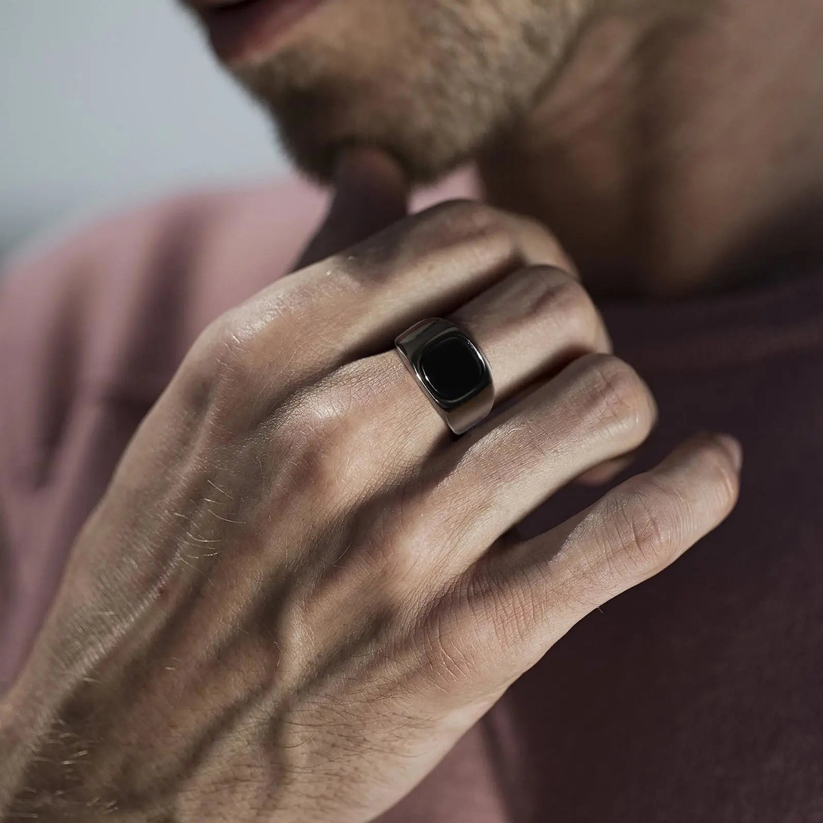 Stylish Black Stone Rings for Men Boys,Waterproof Stainless Steel Geometric Square Ring Signet Ring,Jewelry Gifts for Him