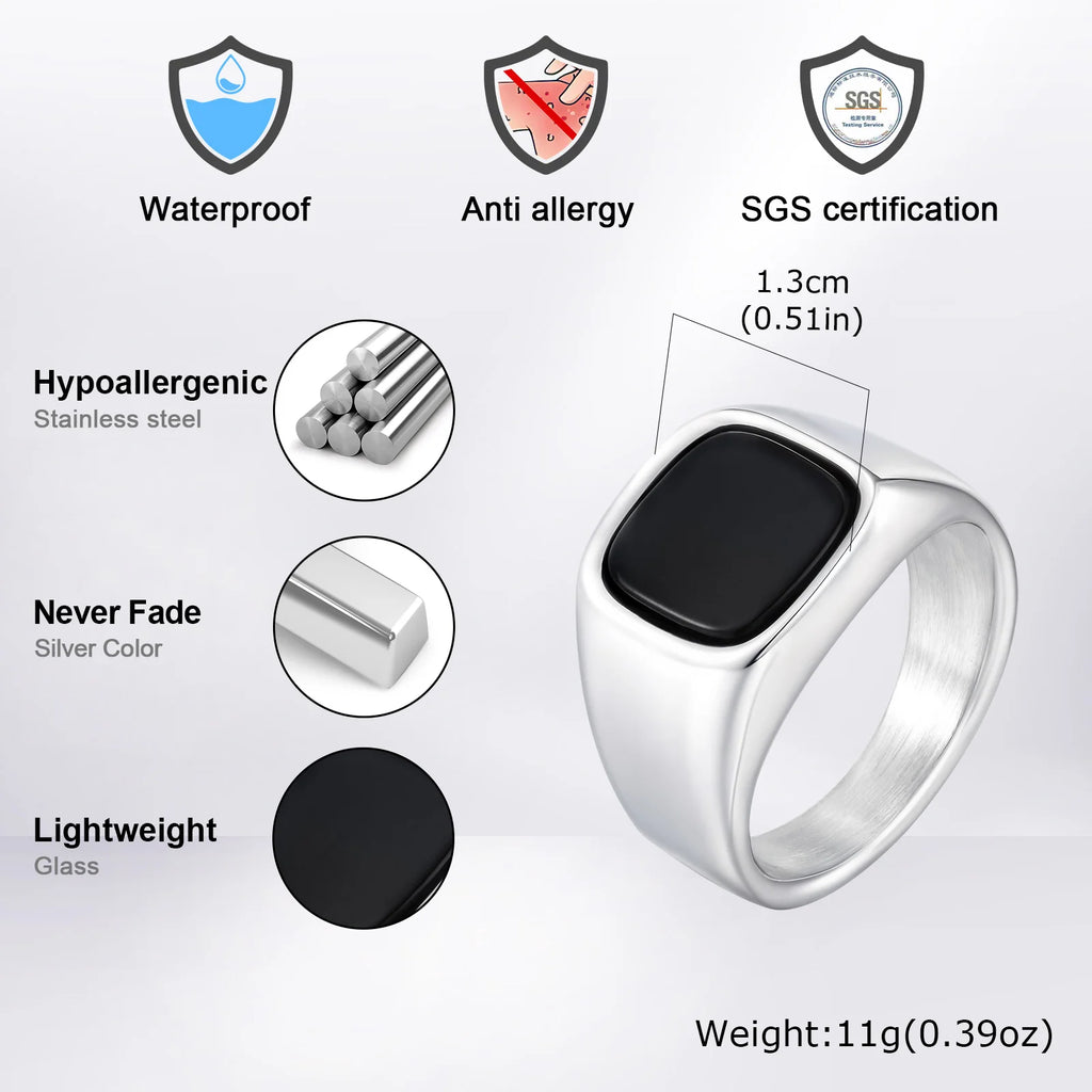 Stylish Black Stone Rings for Men Boys,Waterproof Stainless Steel Geometric Square Ring Signet Ring,Jewelry Gifts for Him