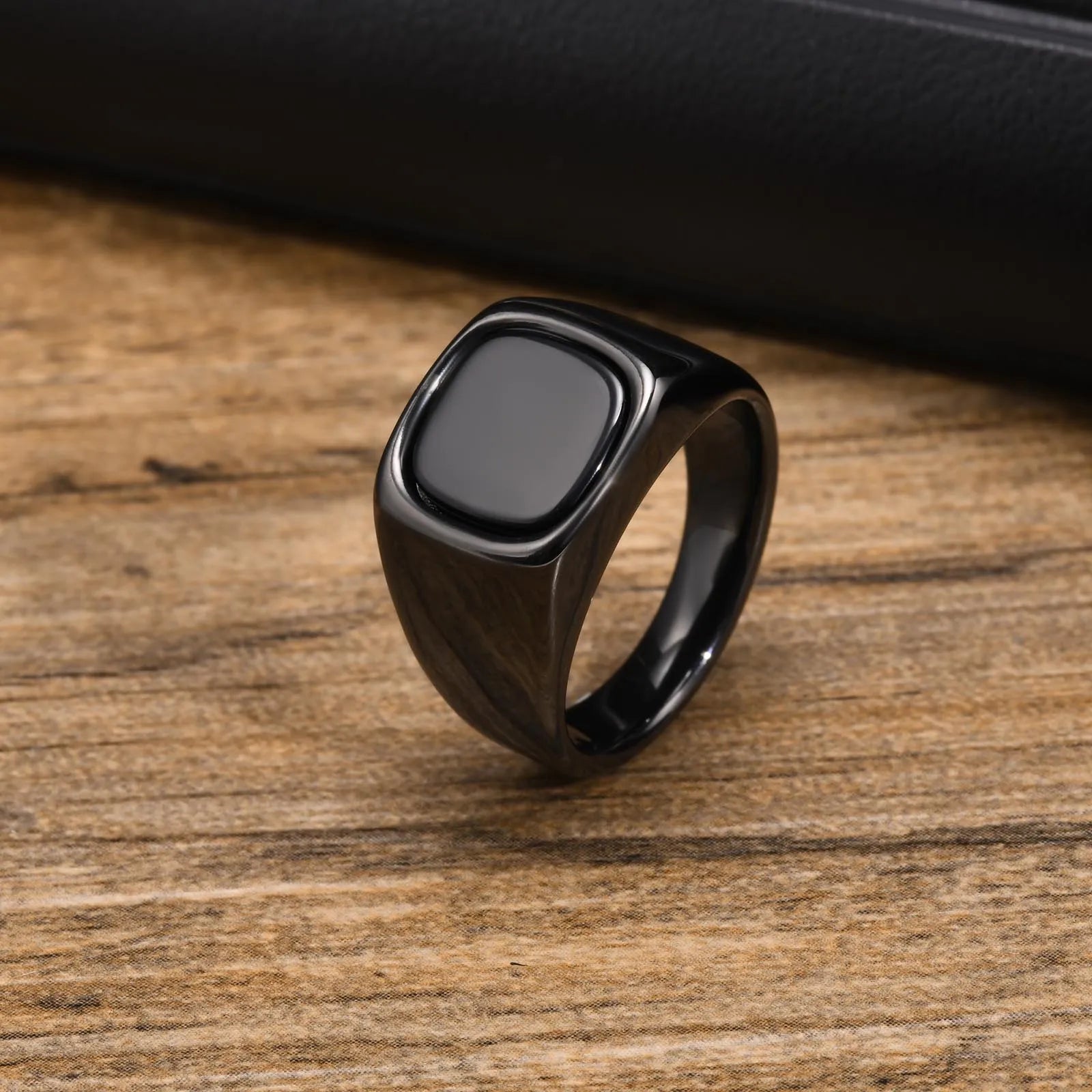 Stylish Black Stone Rings for Men Boys,Waterproof Stainless Steel Geometric Square Ring Signet Ring,Jewelry Gifts for Him